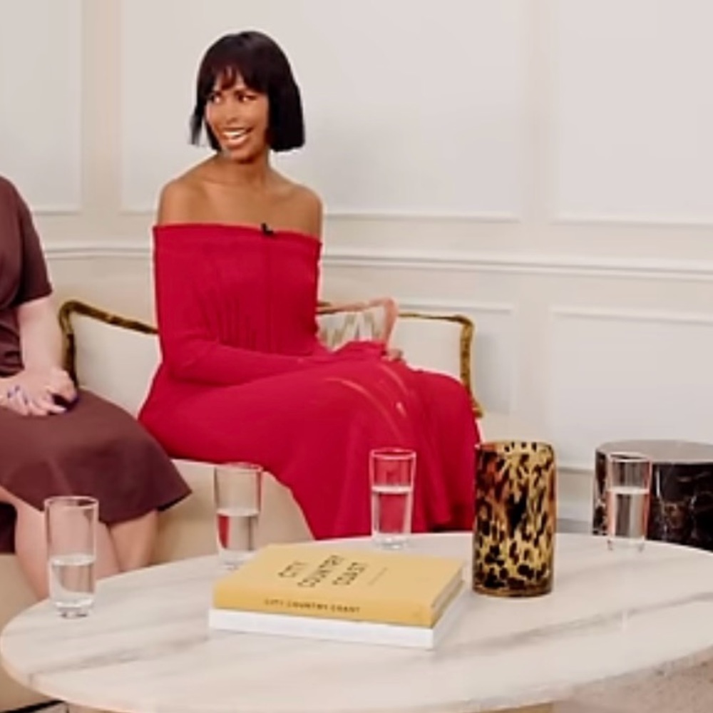 Acne Red Off the Shoulder Bell Sleeve Bodycon Dress